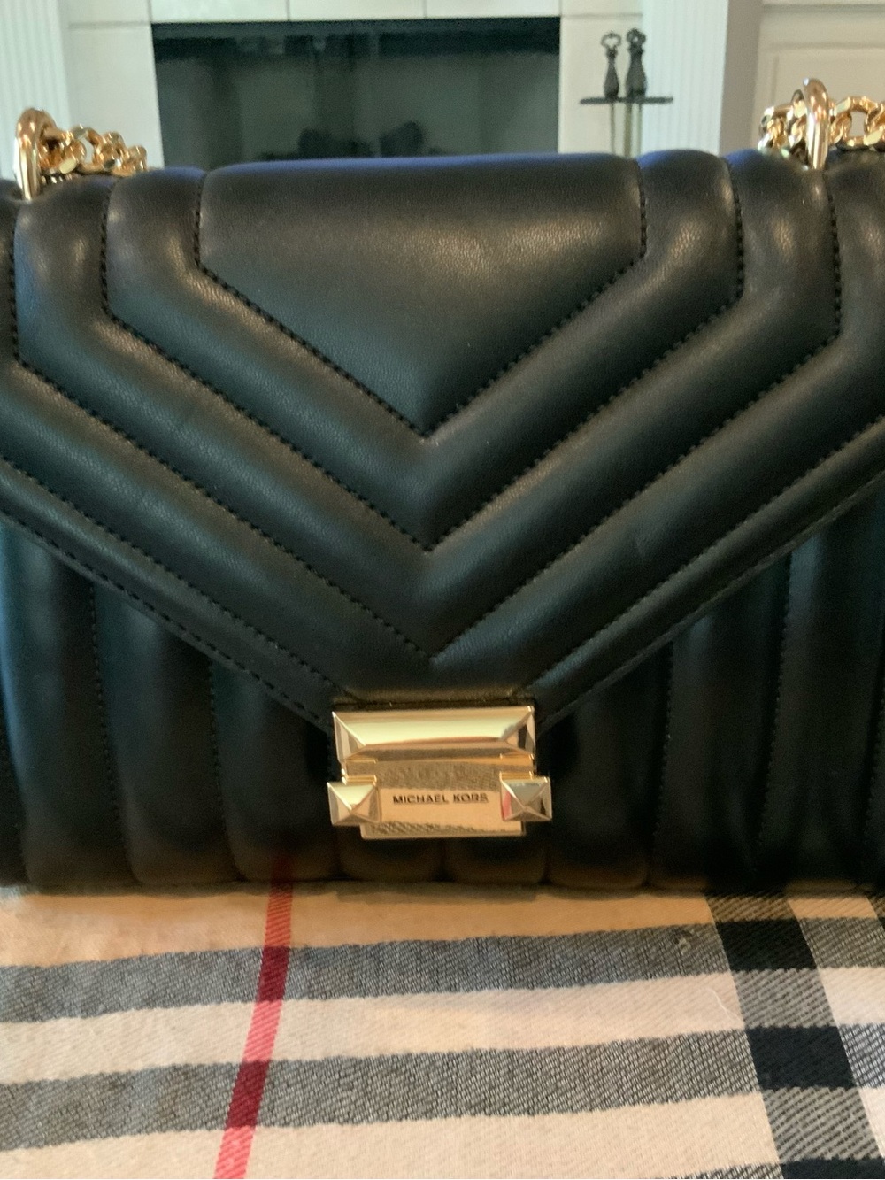 Michael Kors Black Quilted Chevron Shoulder Bag with Gold Hardware